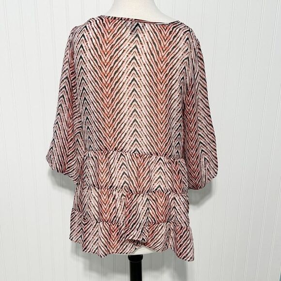 AB Studio Sheer Striped‎ Tiered Blouse Top Long Sleeves Black Red Size Large - Picture 7 of 11